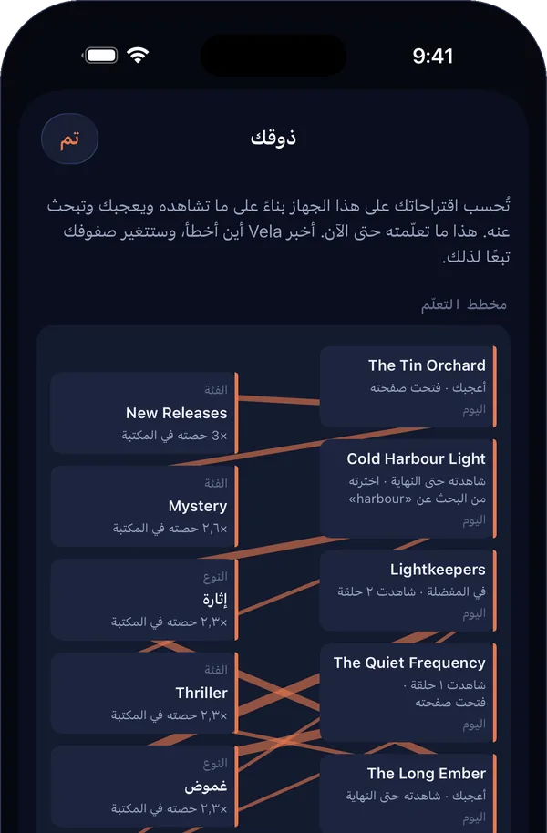 «ذوقك» على iPhone: خطوط تصل ما شاهدته بالأنواع والفئات التي تعلّمها Vela.