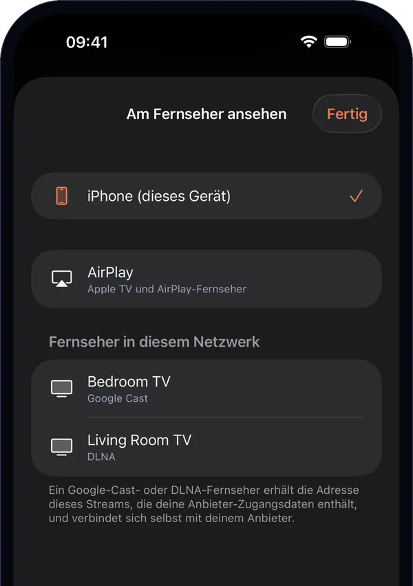 „Am Fernseher ansehen“ auf dem iPhone: iPhone (dieses Gerät), AirPlay und die Fernseher, die im Netzwerk gefunden wurden.