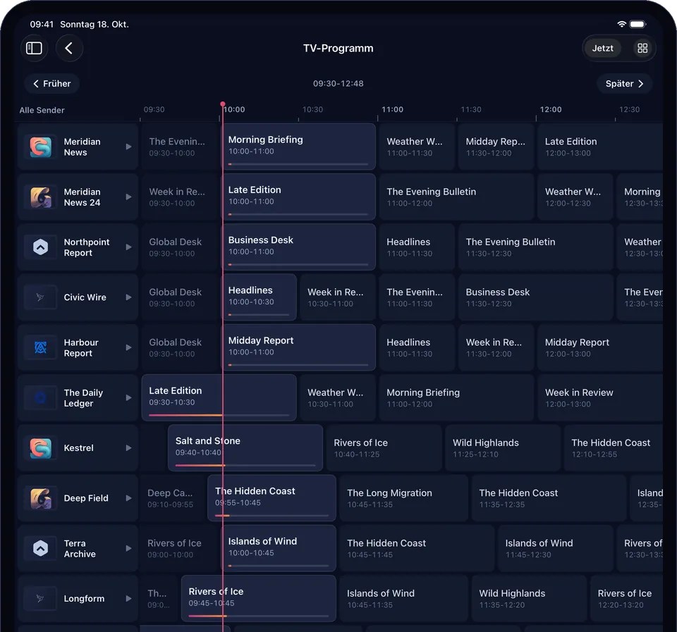 Das TV-Programm auf dem iPad: die Sender am Rand, die Sendungen im Zeitverlauf, eine Linie bei der aktuellen Uhrzeit.