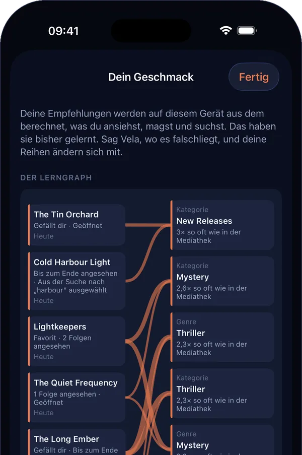 „Dein Geschmack“ auf dem iPhone: Linien von dem, was du angesehen hast, zu den Genres und Kategorien, die Vela gelernt hat.