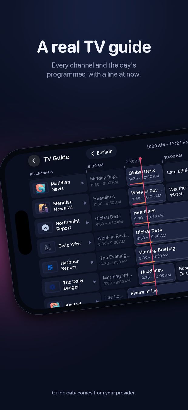 The TV guide grid on its side: channels against the clock, with a line at now.