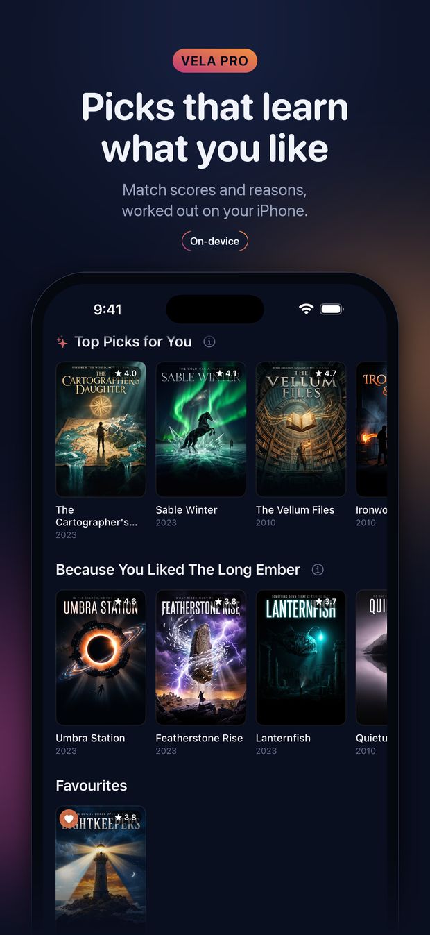 Top Picks for You, then Because You Liked, worked out on the device. A Vela Pro feature.