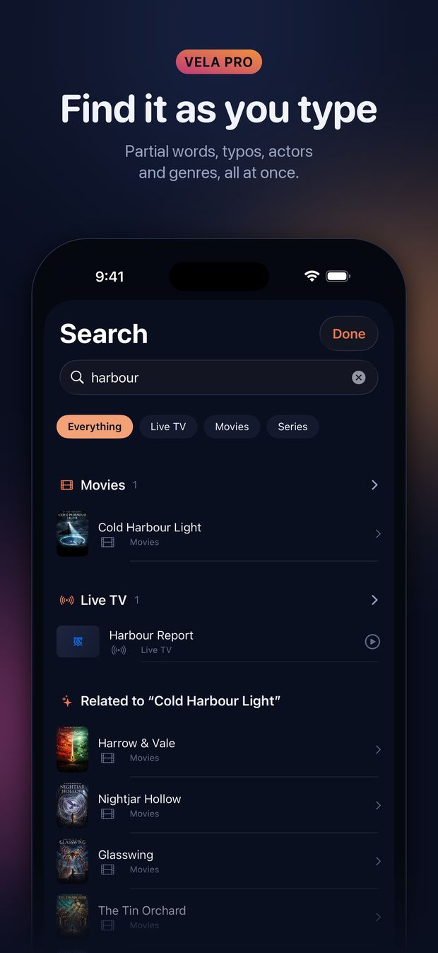 Search finding titles from a partial word, grouped by kind. A Vela Pro feature.