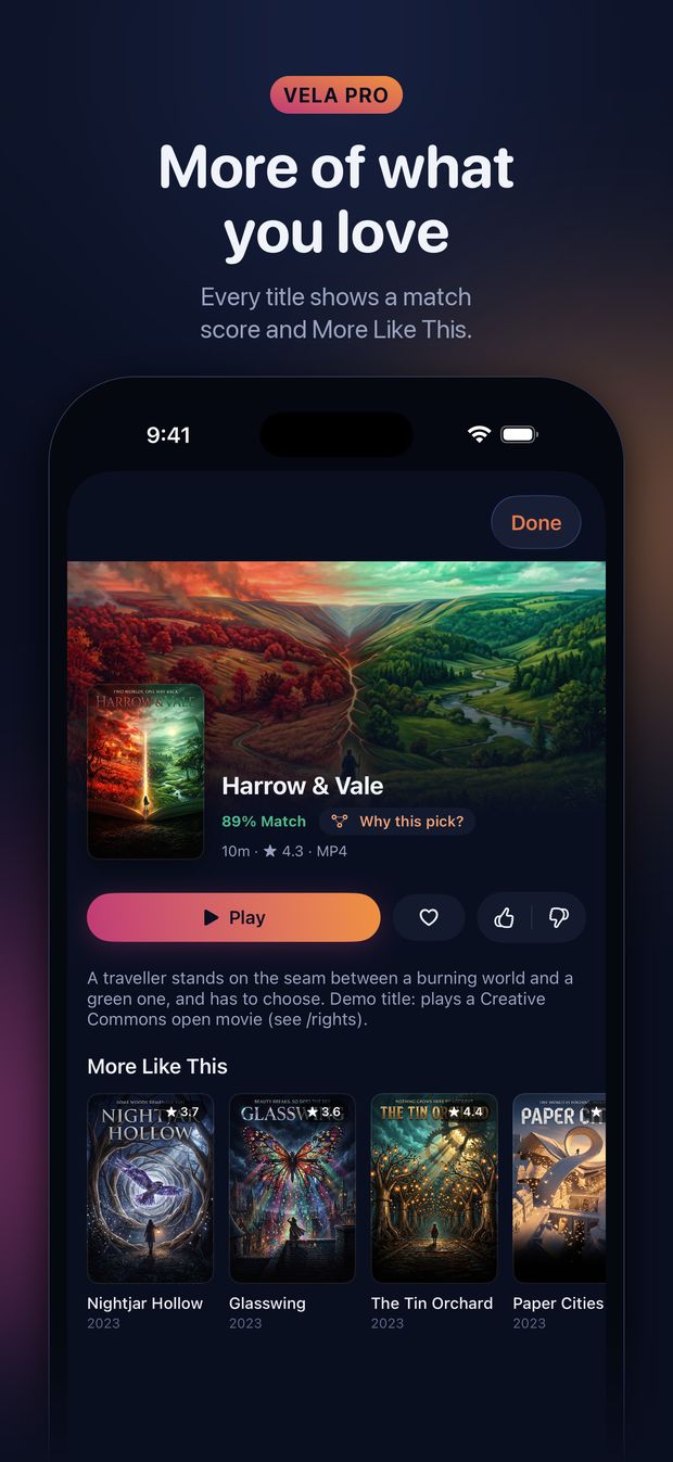 A film's page with its match score, Why this pick? and More Like This. A Vela Pro feature.