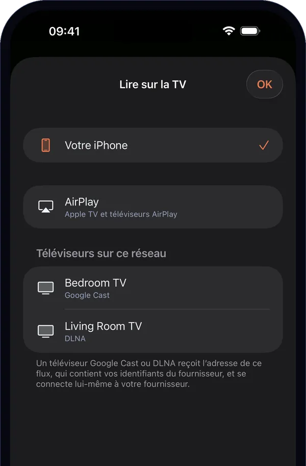 « Lire sur la TV » sur iPhone : « Votre iPhone », AirPlay et les téléviseurs trouvés sur le réseau.