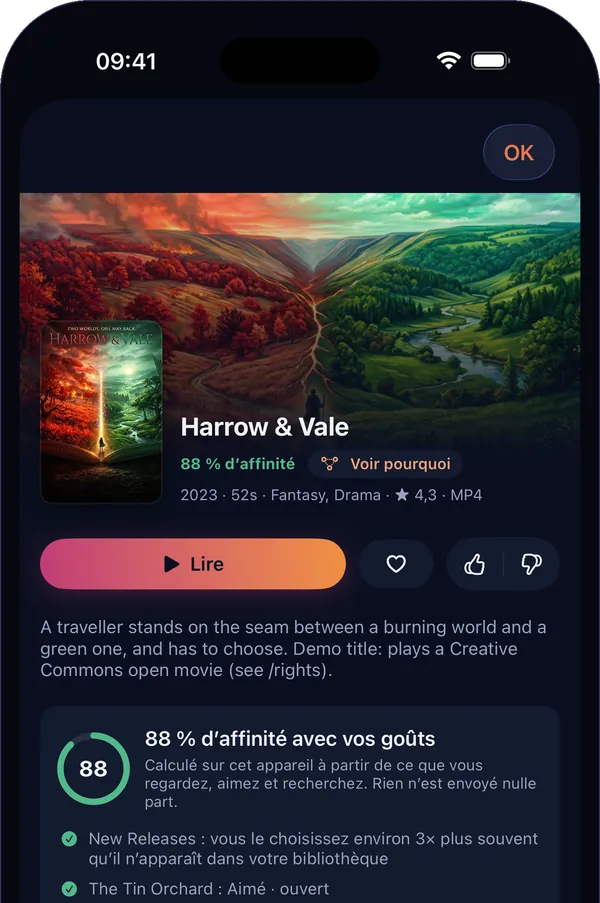 La page d’un film sur iPhone : 88 % d’affinité, la raison de ce choix et un bouton de lecture.