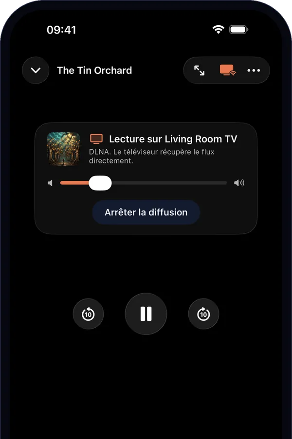 Le lecteur pendant la diffusion : « Lecture sur Living Room TV », avec la pause, les sauts et le volume du téléviseur.