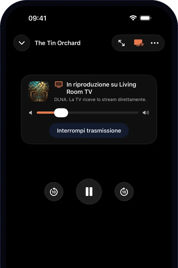 Il player durante la trasmissione: “In riproduzione su Living Room TV”, con pausa, salti e volume della TV.