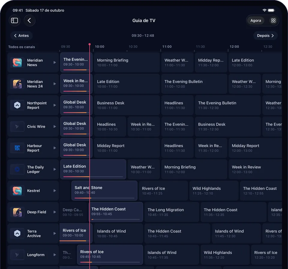 O guia de TV no iPad: canais na lateral, a programação hora a hora e uma linha no agora.