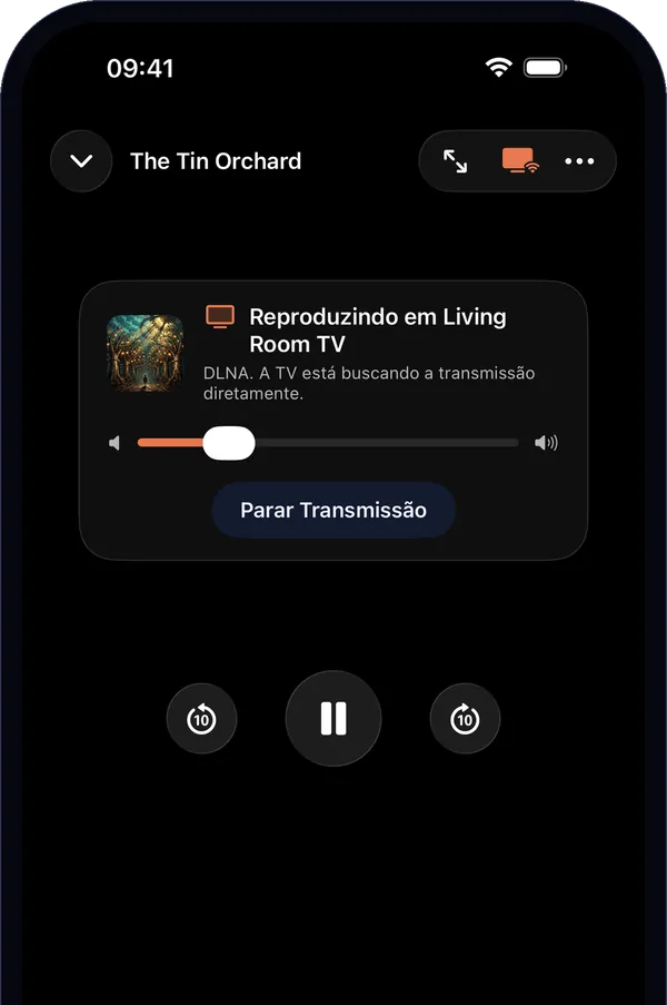 O player durante a transmissão: Reproduzindo em Living Room TV, com pausa, avanço e o volume da TV.
