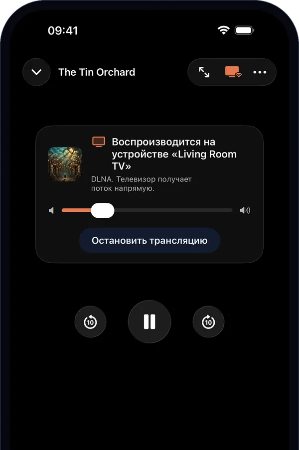 Плеер во время трансляции: воспроизведение на «Living Room TV», пауза, перемотка и громкость телевизора.