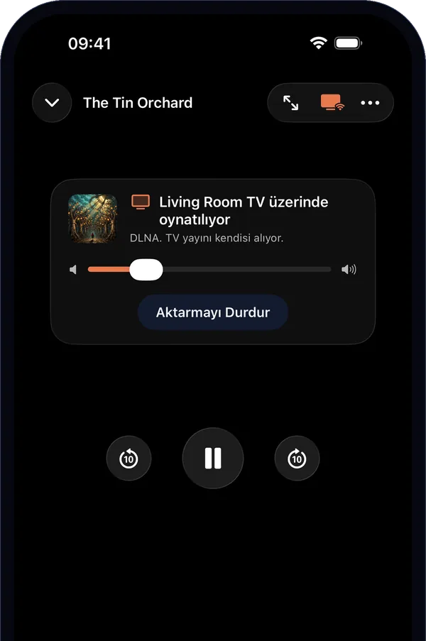 Aktarma sırasında oynatıcı: “Living Room TV üzerinde oynatılıyor”, duraklatma, atlama ve TV'nin ses düzeyiyle.