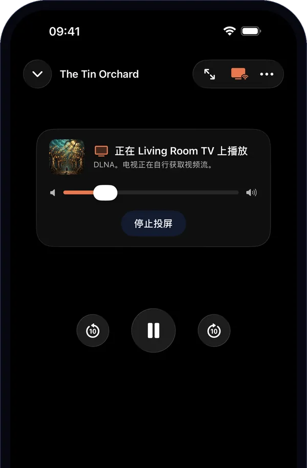 投屏时的播放器:“正在 Living Room TV 上播放”,可暂停、快进快退和调节电视音量。