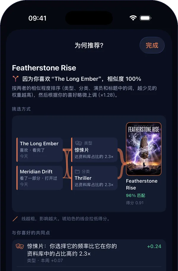 iPhone 上的“为何推荐?”:促成这条推荐的作品、它们的共同点,以及它的得分。